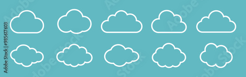 Clouds icons collection in outline style on blue background. Vector illustration of the clouds set. Cloudy icon set isolated. Collection of different white clouds. Flat style.