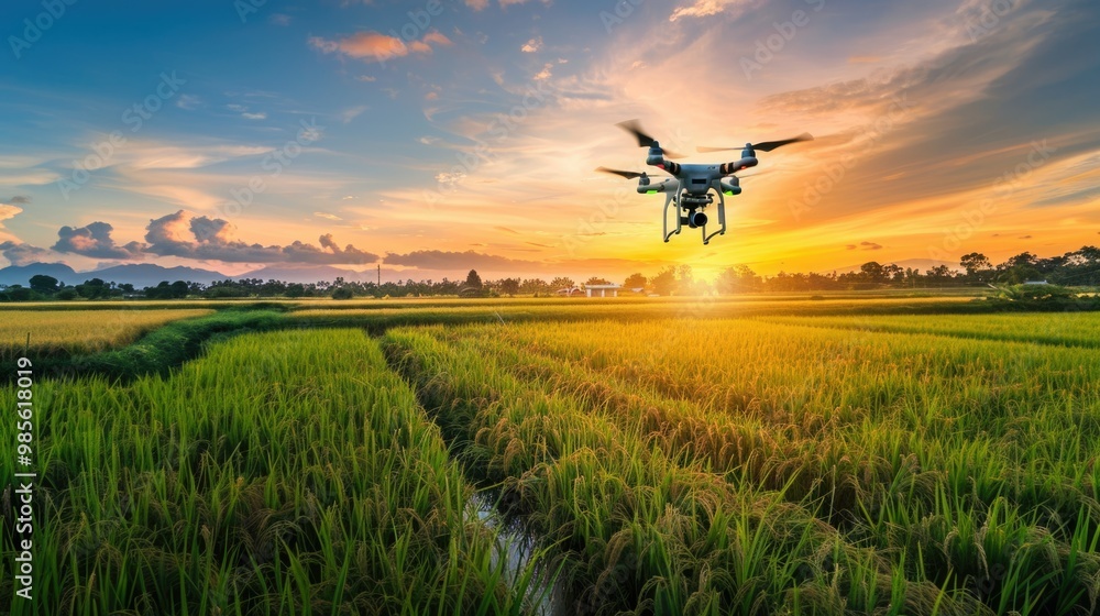 A drone flies over a field of rice A drone flies over a field of rice