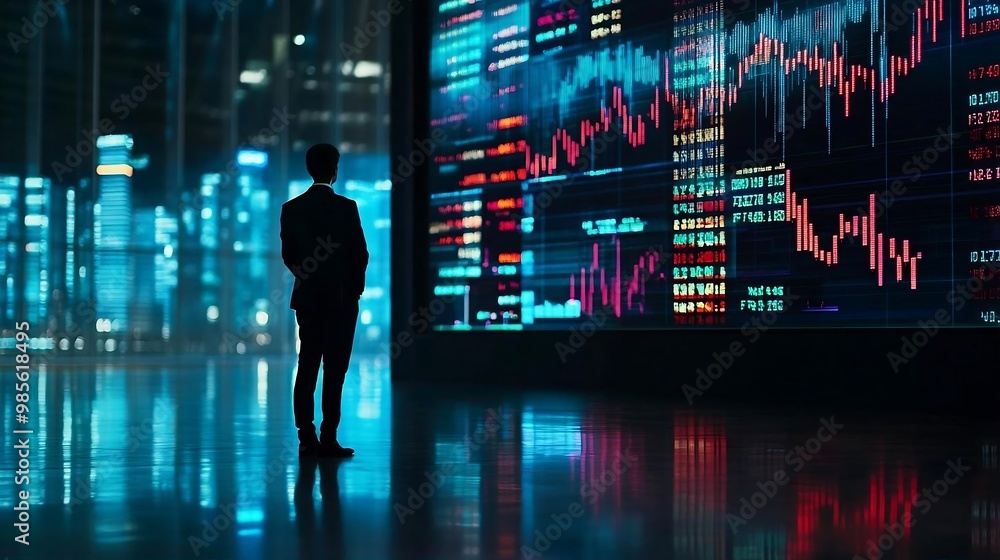 Businessman Looking at Stock Market Data on Large Screen Businessman Looking at Stock Market Data on Large Screen