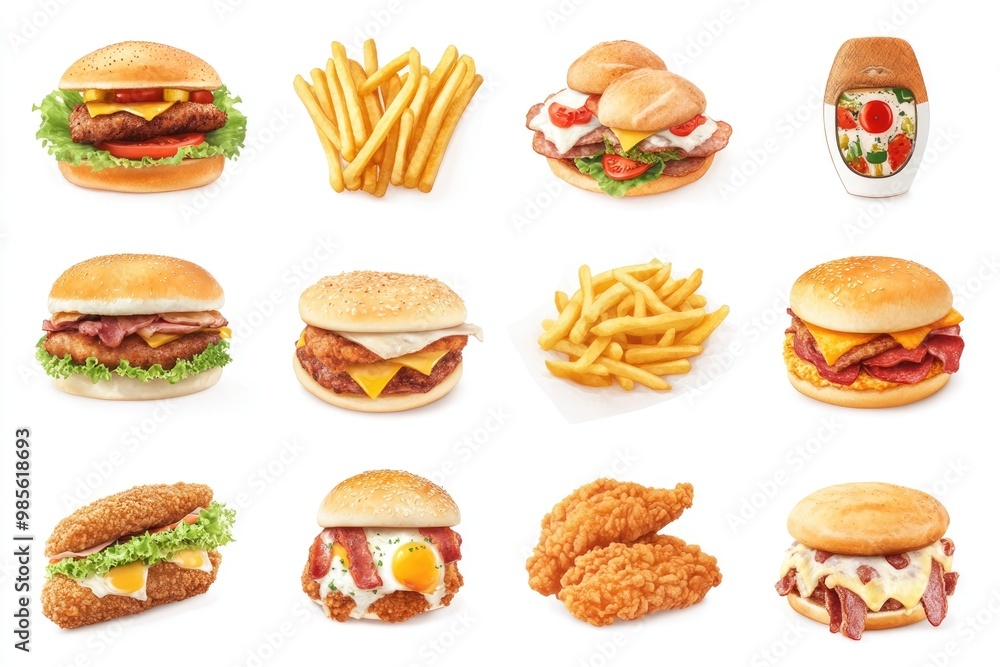 Assorted fast food items isolated on white background. Assorted fast food items isolated on white background.
