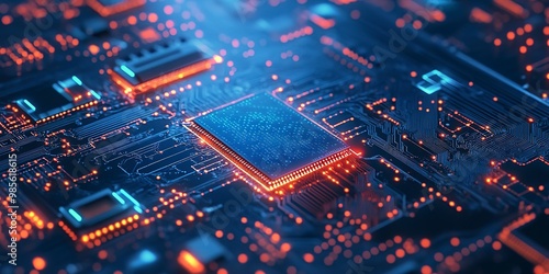 Abstract circuitry technology of electronic computer hardware on a background of circuit board 