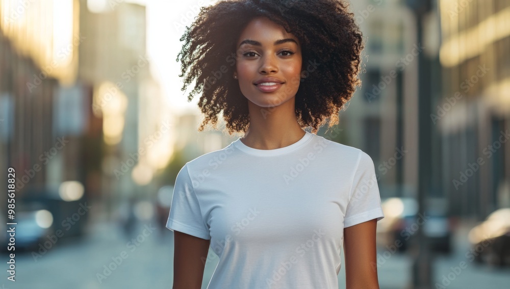 close-up portrait of attractive black woman wearing white, blank t-shirt mockup against street background close-up portrait of attractive black woman wearing white, blank t-shirt mockup against street background