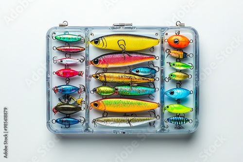 Colorful Fishing Lures in a Clear Plastic Box photo