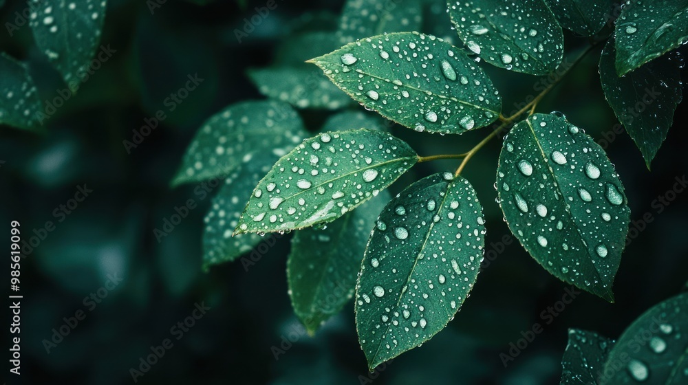 Fototapeta premium Close-up of green leaves with dew drops.