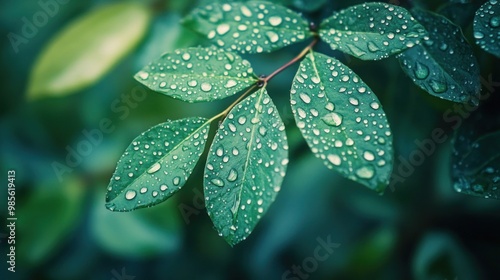 Close-up of green leaves covered in water droplets after rain.