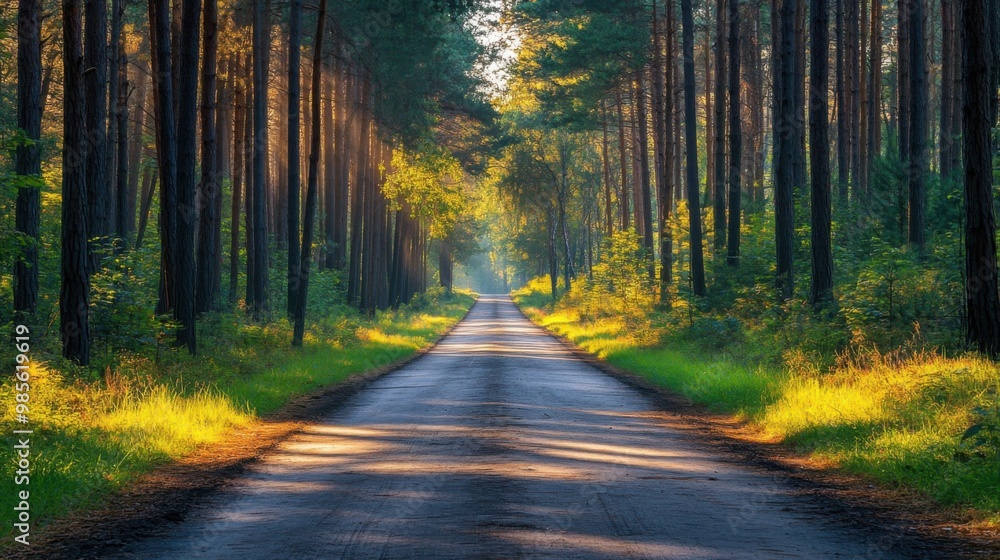 Obraz premium Sunlight filtering through pine trees onto a quiet forest road, tranquil and scenic