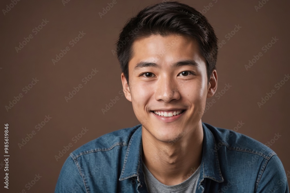 Full framed very close face portrait of a smiling young chinese man with brown eyes looking at the camera, studio shot,brown background. Full framed very close face portrait of a smiling young chinese man with brown eyes looking at the camera, studio shot,brown background.