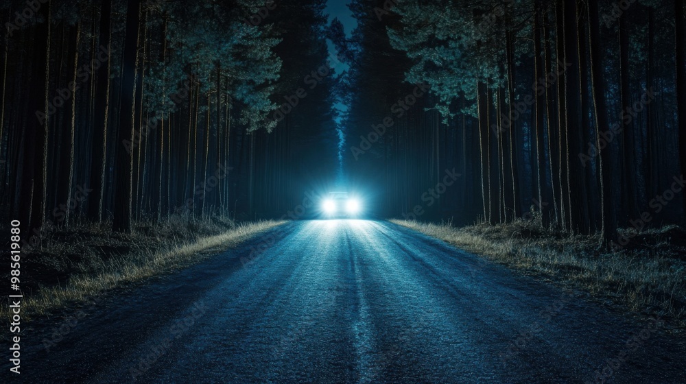 Obraz premium Night road in pine forest, car headlights illuminating the path, mysterious and adventurous.