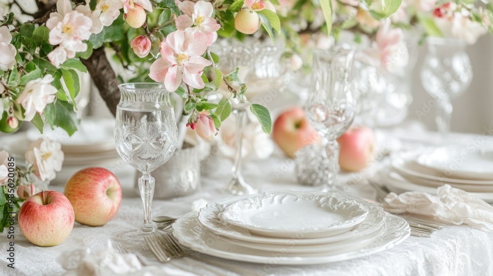 Elegant table setting with blooming apple tree branches, white plates, glasses, and apples on a white tablecloth. Elegant table setting with blooming apple tree branches, white plates, glasses, and apples on a white tablecloth.