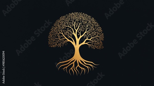 Gold tree with roots on a black background.