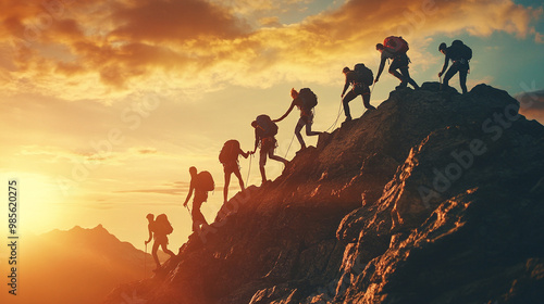 success with teamwork - silhouette group of climbers on summit