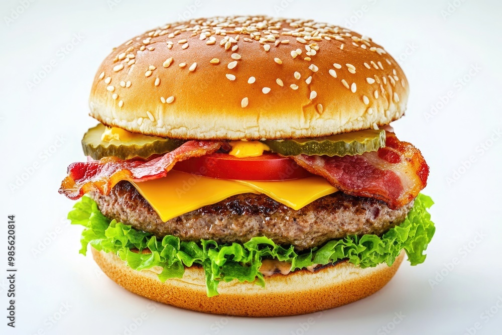 single fresh burger with beef cheese bacon and vegetables isolated on white background burger single fresh burger with beef cheese bacon and vegetables isolated on white background burger