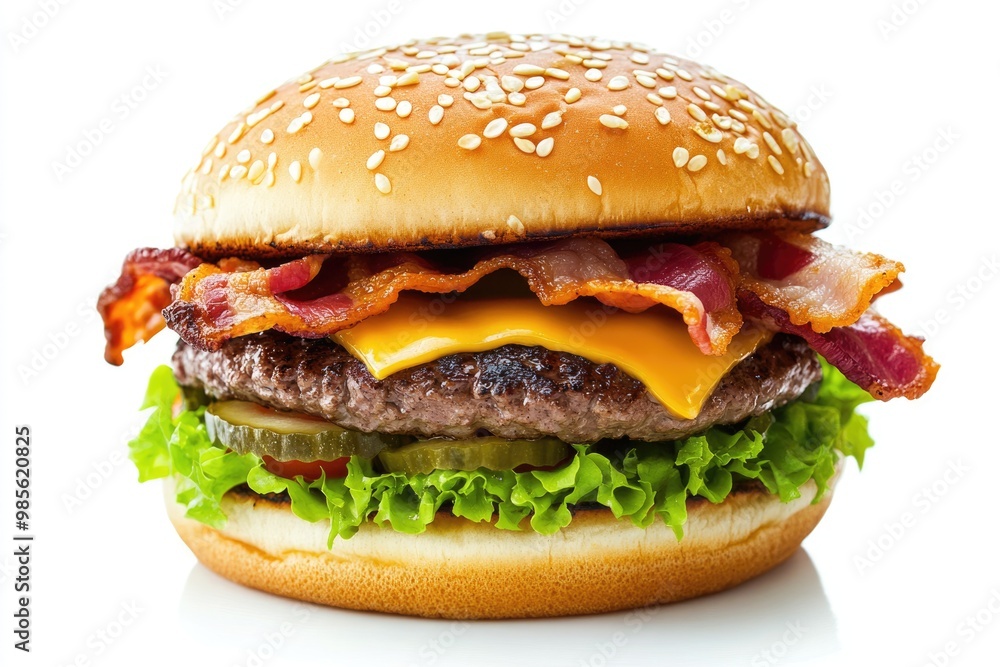 single fresh burger with beef cheese bacon and vegetables isolated on white background burger single fresh burger with beef cheese bacon and vegetables isolated on white background burger