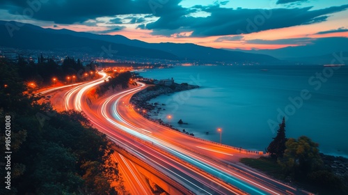 Car lights on the sea and highway. Car lights on the coastal road show the speed in traffic. Fast car lights on the road passing by the beach at sunset. Mudanya, Bursa, Turkey.