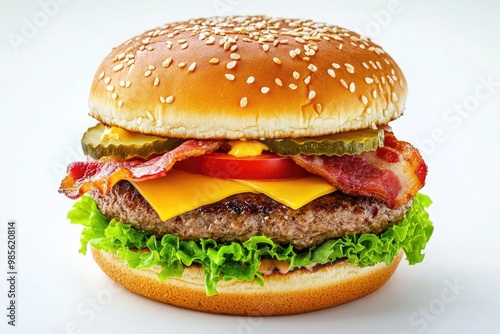 single fresh burger with beef cheese bacon and vegetables isolated on white background burger