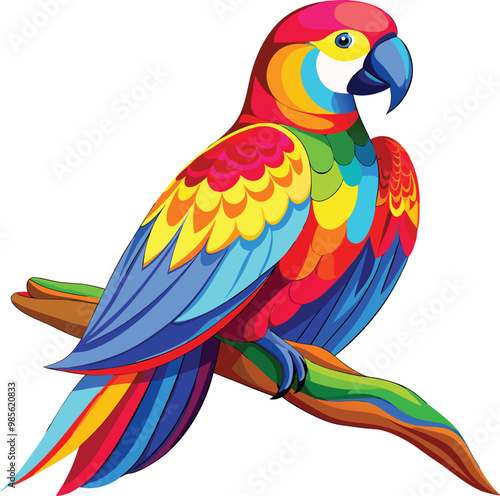 blue and yellow macaw ara  vibrant parrot with a rainbow of feathers, sitting calmly on a branch. Its feathers should be detailed full body white background vector illustration