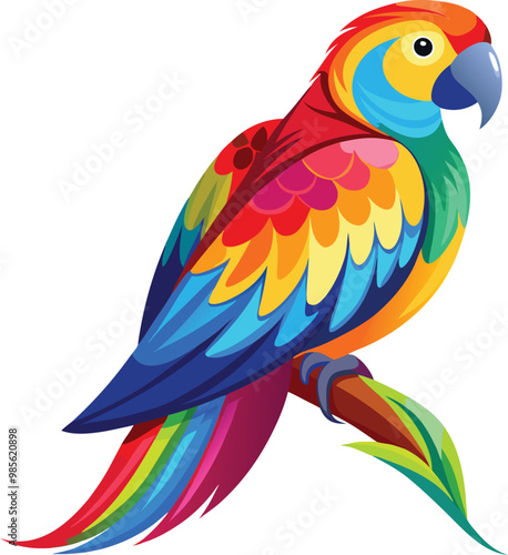 blue and yellow macaw ara  vibrant parrot with a rainbow of feathers, sitting calmly on a branch. Its feathers should be detailed full body white background vector illustration