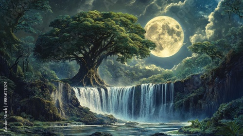 Fototapeta Naklejka Na Ścianę i Meble -  A large tree sits atop a cascading waterfall under a full moon in a lush, moonlit forest.