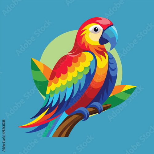blue and yellow macaw ara  vibrant parrot with a rainbow of feathers, sitting calmly on a branch. Its feathers should be detailed full body white background vector illustration