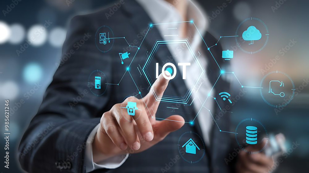 IOT, business suit interacting with a futuristic IOT interface, Internet of Things, smart technology, digital interaction, IoT integration IOT, business suit interacting with a futuristic IOT interface, Internet of Things, smart technology, digital interaction, IoT integration