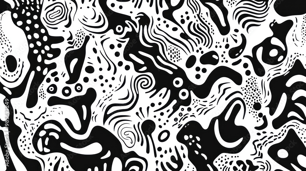 Fototapeta premium Abstract black and white swirl pattern with dots and curves.