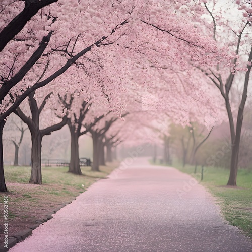 Cherry blossoms gently swaying in the spring breeze, their delicate pink petals creating a beautiful canopy over a peaceful park.