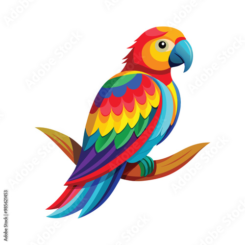 blue and yellow macaw ara  vibrant parrot with a rainbow of feathers, sitting calmly on a branch. Its feathers should be detailed full body white background vector illustration
