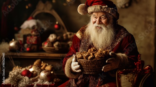 Santa claus wearing a red suit holding a basket full of christmas cookies, surrounded by christmas decorations and gifts