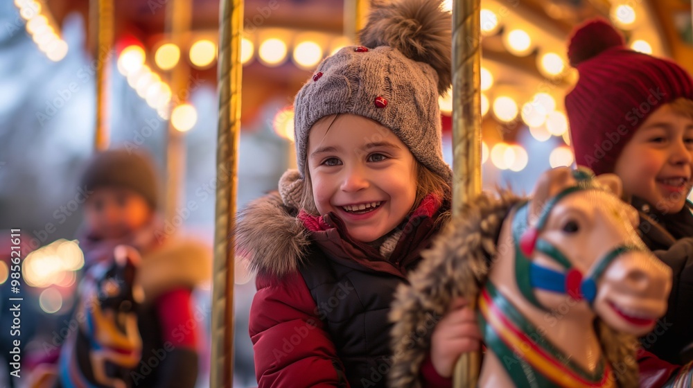 Little girl is smiling widely while riding a carousel horse at a traditional christmas market, enjoying the festive atmosphere. Happy new year and merry christmas Little girl is smiling widely while riding a carousel horse at a traditional christmas market, enjoying the festive atmosphere. Happy new year and merry christmas