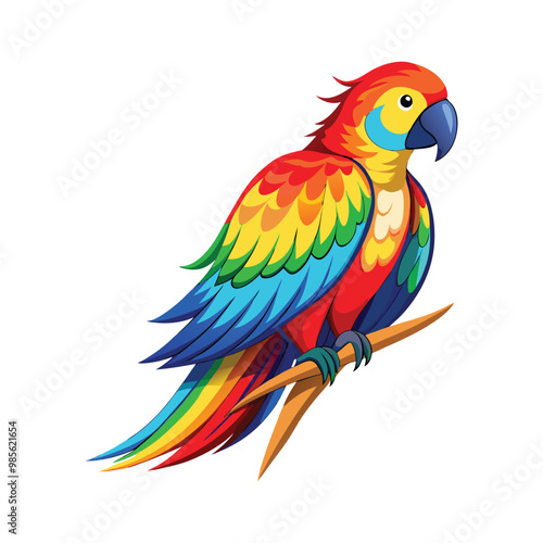 blue and yellow macaw ara  vibrant parrot with a rainbow of feathers, sitting calmly on a branch. Its feathers should be detailed full body white background vector illustration