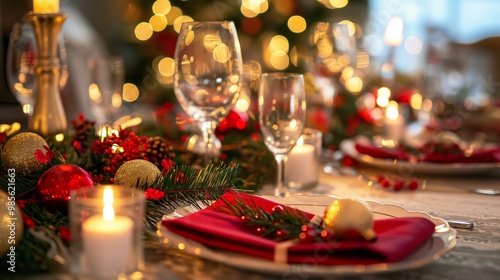 Christmas table is set with festive decorations at a restaurant, a warm and inviting dinner for a holiday gathering with family and friends. Merry Christmas and Happy New Year party