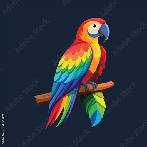 blue and yellow macaw ara  vibrant parrot with a rainbow of feathers, sitting calmly on a branch. Its feathers should be detailed full body white background vector illustration