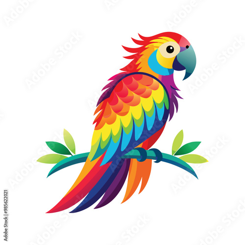 blue and yellow macaw ara  vibrant parrot with a rainbow of feathers, sitting calmly on a branch. Its feathers should be detailed full body white background vector illustration