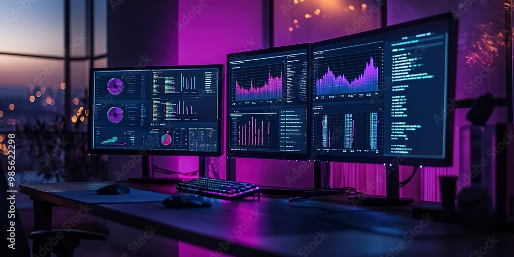 A computer desk with computer monitors displaying various data and graphs. The room is dimly lit with a purple neon light, creating a dark ambiance. data graphics concept A computer desk with computer monitors displaying various data and graphs. The room is dimly lit with a purple neon light, creating a dark ambiance. data graphics concept