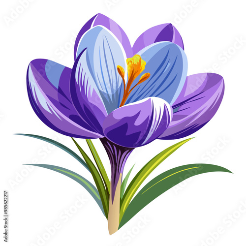 bouquet of crocuses, Illustration of Crocus Flower, Vibrant Crocus Vector Illustration - Delicate Purple Petals with a Bright Yellow Center, Perfect for Early Spring Garden Themes