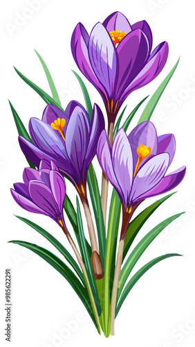 bouquet of flowers, Illustration of Crocus Flower, Vibrant Crocus Vector Illustration - Delicate Purple Petals with a Bright Yellow Center, Perfect for Early Spring Garden Themes