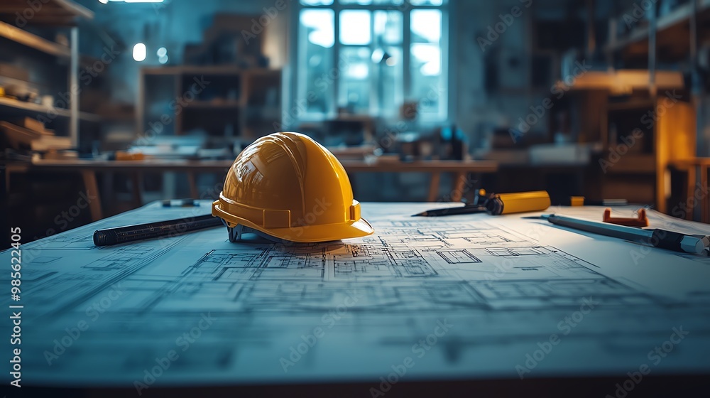 Construction blueprints with hard hat. Construction blueprints with hard hat.