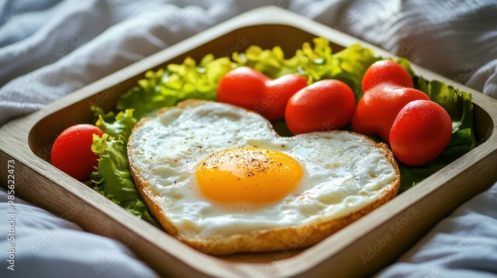 Heart-shaped fried egg with cherry tomatoes and lettuce on a wooden tray. Heart-shaped fried egg with cherry tomatoes and lettuce on a wooden tray.