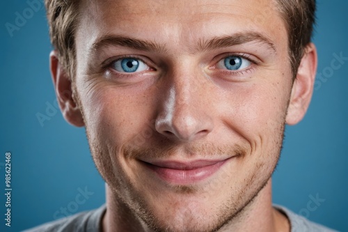 Full framed very close face portrait of a smiling young caucasian man with blue eyes looking at the camera, studio shot,blue background. photo