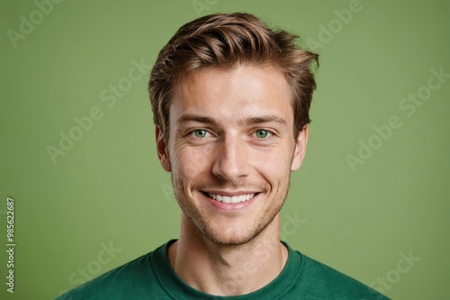 Full framed very close face portrait of a smiling young caucasian man with green eyes looking at the camera, studio shot,green background.