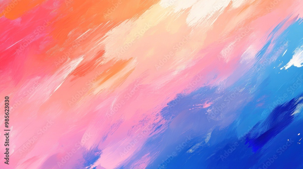 Abstract painted background with orange, pink, and blue hues in diagonal brushstrokes. Abstract painted background with orange, pink, and blue hues in diagonal brushstrokes.