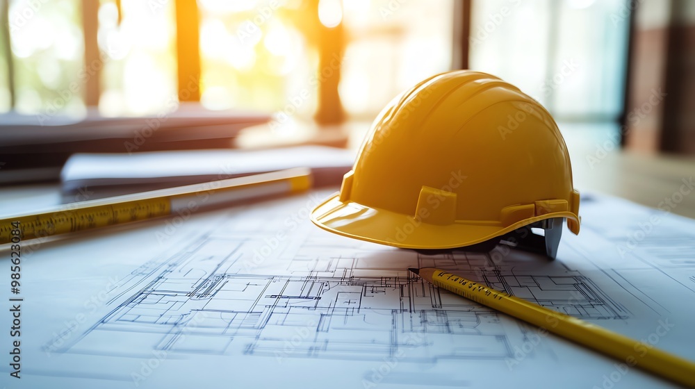 Construction safety helmet on blueprints. Construction safety helmet on blueprints.