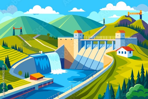 Hydroelectric power station providing electricity among picturesque hills