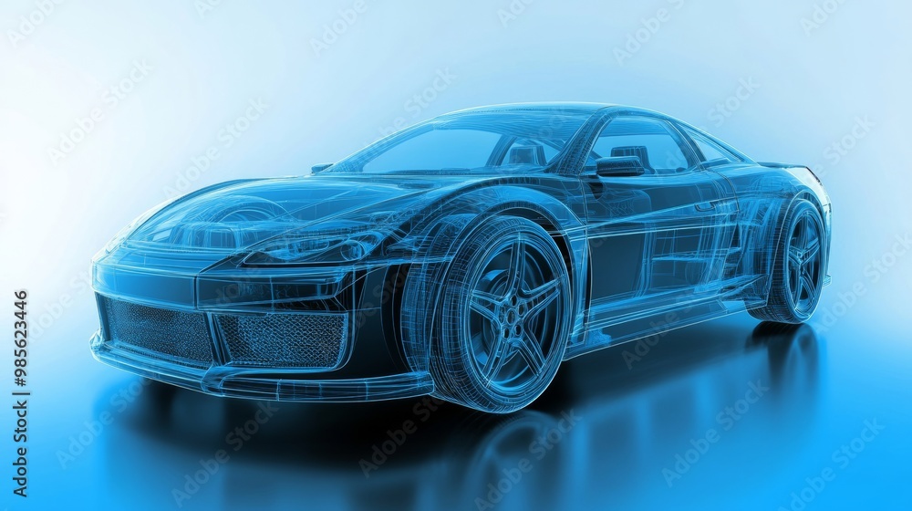 Naklejka premium Wireframe 3D Rendering of a Blue Sports Car.