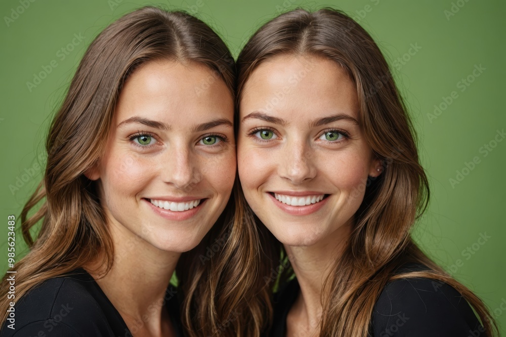 Full framed very close face portrait of a smiling young caucasian woman with green eyes looking at the camera, studio shot,green background. Full framed very close face portrait of a smiling young caucasian woman with green eyes looking at the camera, studio shot,green background.