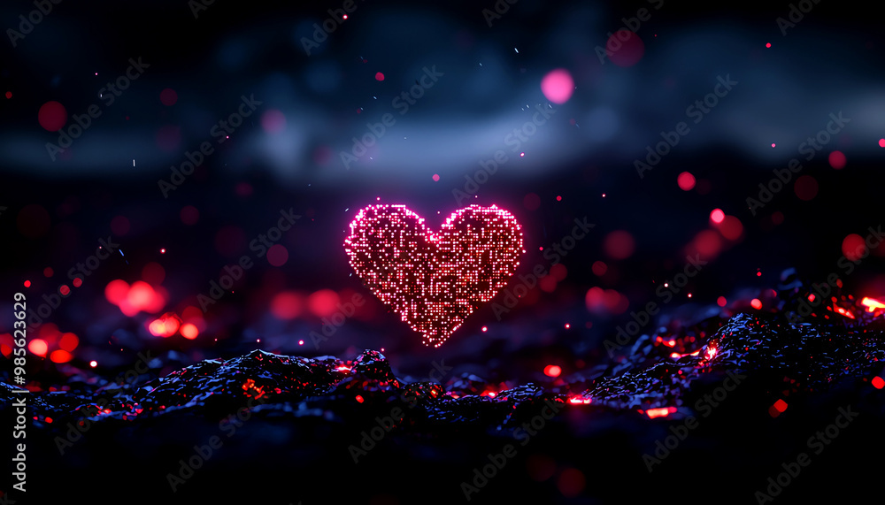 A glowing pink heart shape amidst a dark, mystical background, radiating warmth and emotion. A glowing pink heart shape amidst a dark, mystical background, radiating warmth and emotion.