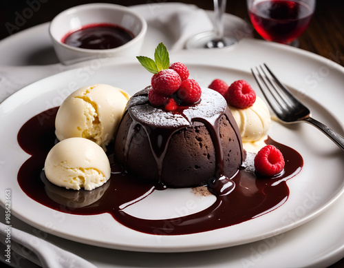 Luxury Chocolate Dessert: A decadent dark chocolate lava cake with molten chocolate oozing out. Served with a side of vanilla bean ice cream and raspberry coulis. The background includes elegant silve photo