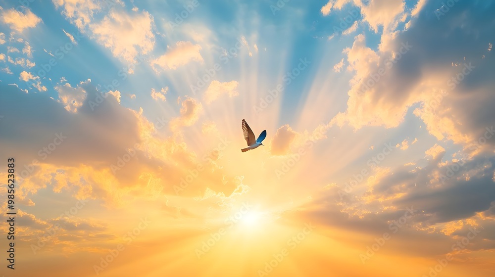 Bird flying in a colorful sky at sunset Bird flying in a colorful sky at sunset