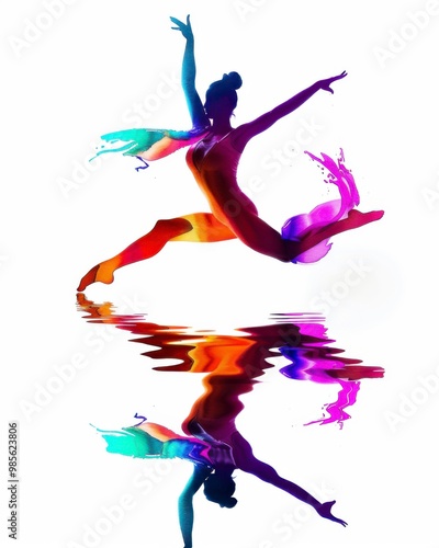 Watercolor illustration of a single dynamic dancer with mirrored reflections and fluid movement