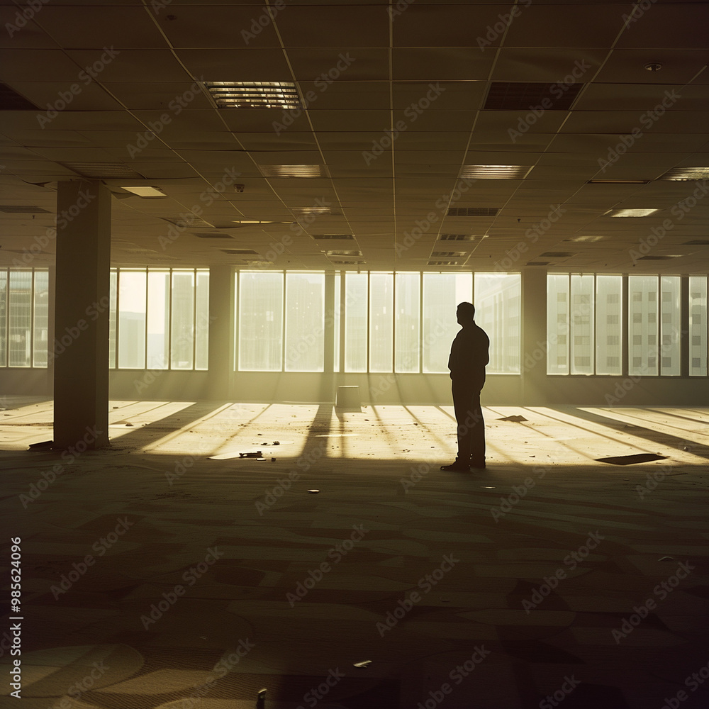 Solitary Businessman in Empty Office: Reflective and Sad Amidst Faint Shadows of a Bygone Era Solitary Businessman in Empty Office: Reflective and Sad Amidst Faint Shadows of a Bygone Era